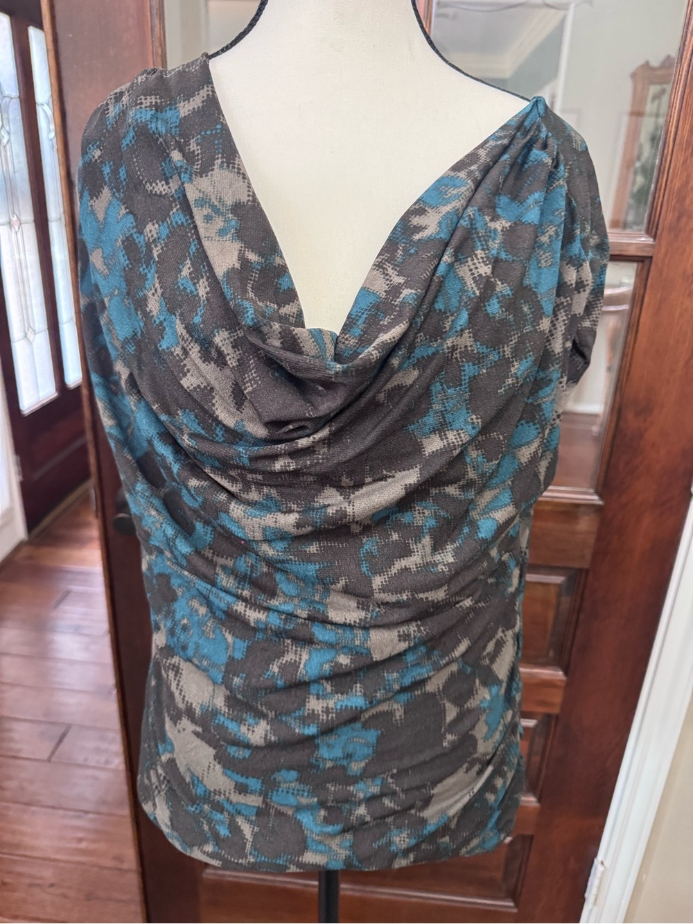 Halogen XL Cowl Neck Ruched Abstract Print Top Teal Gray Black
